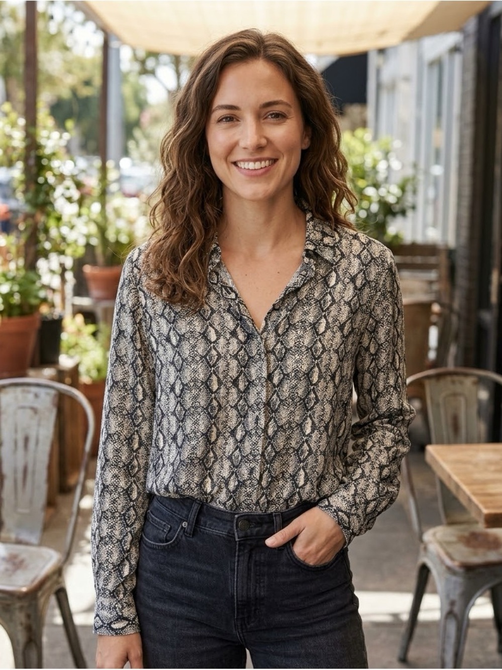 Zara Snake-Print Button-Down Shirt - Black & Cream